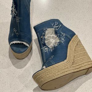 Denim Open toe Espadrille Platform Wedges, Size 13